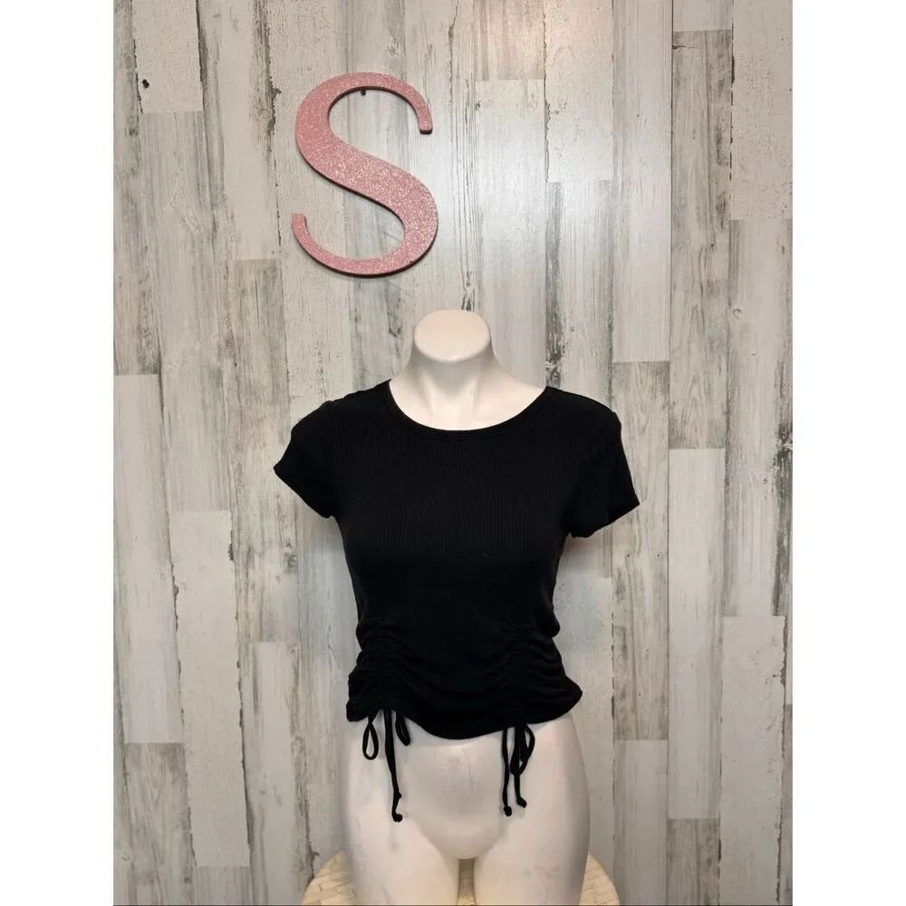 No Boundaries Black Ruched Drawstring Crop Top Size S